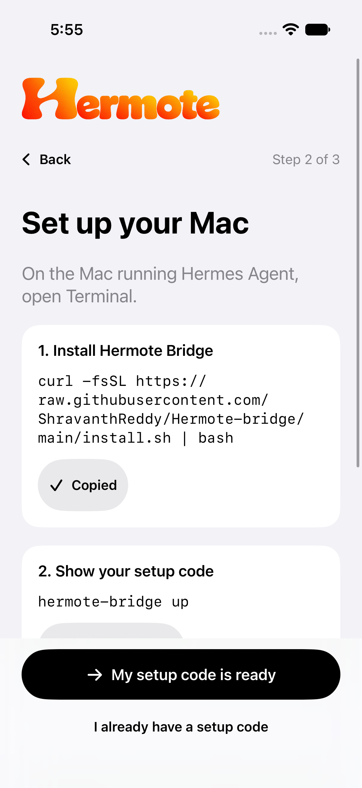 Hermote’s Mac setup screen on iPhone, with the install command and hermote-bridge up.
